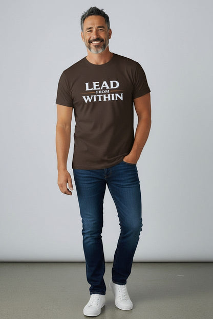 Man wearing brown “Lead From Within” t-shirt, a strong and grounded leadership-inspired look.