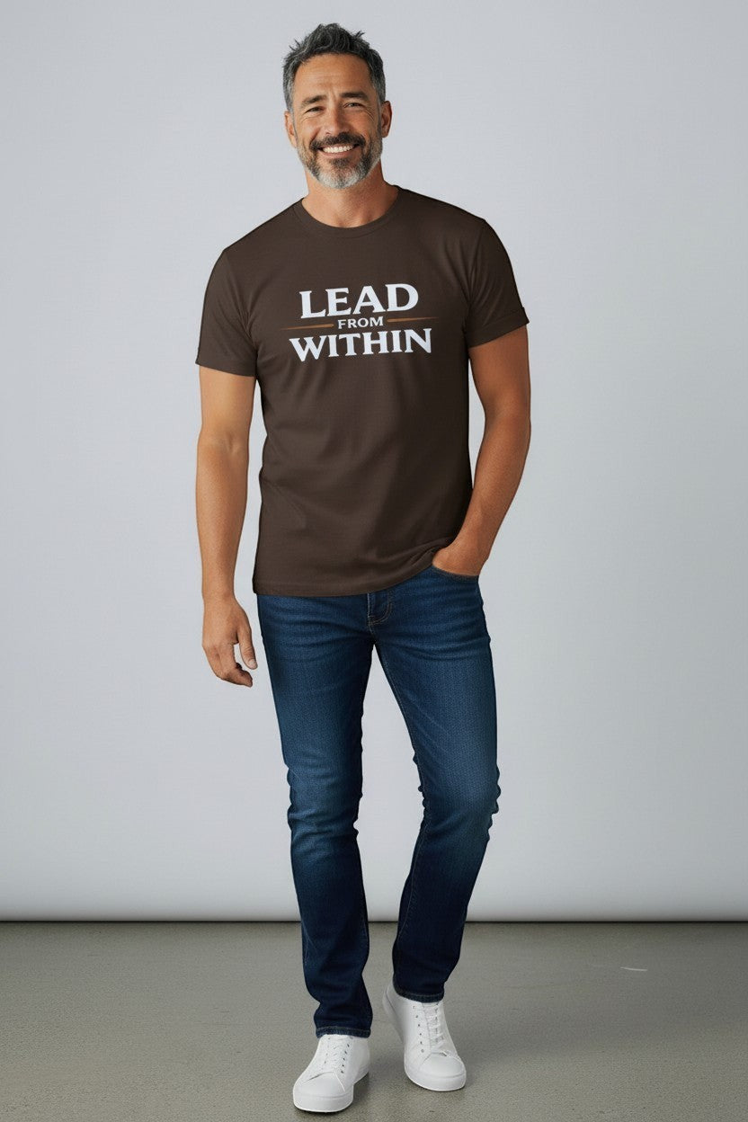 Man wearing brown “Lead From Within” t-shirt, a strong and grounded leadership-inspired look.