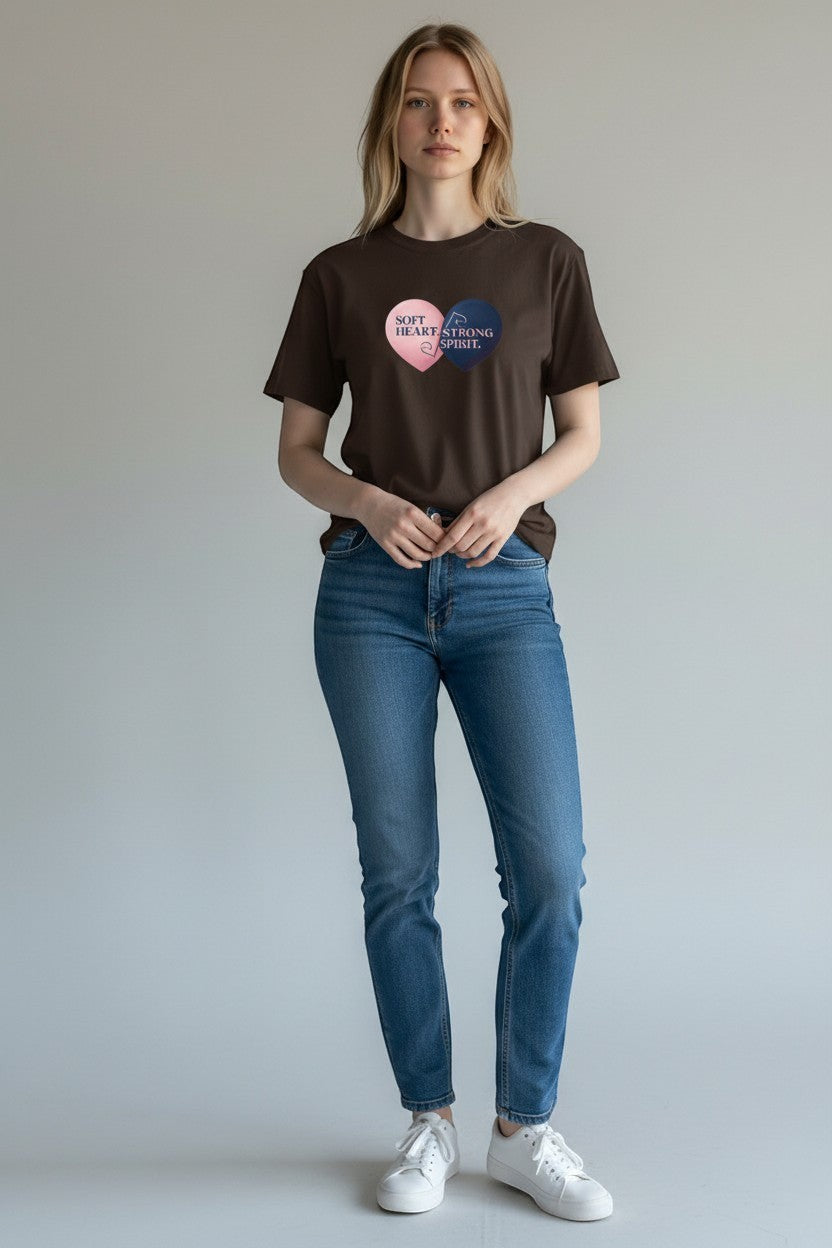 Woman wearing dark brown “Soft Heart Strong Spirit” t-shirt, a warm and grounded casual look.