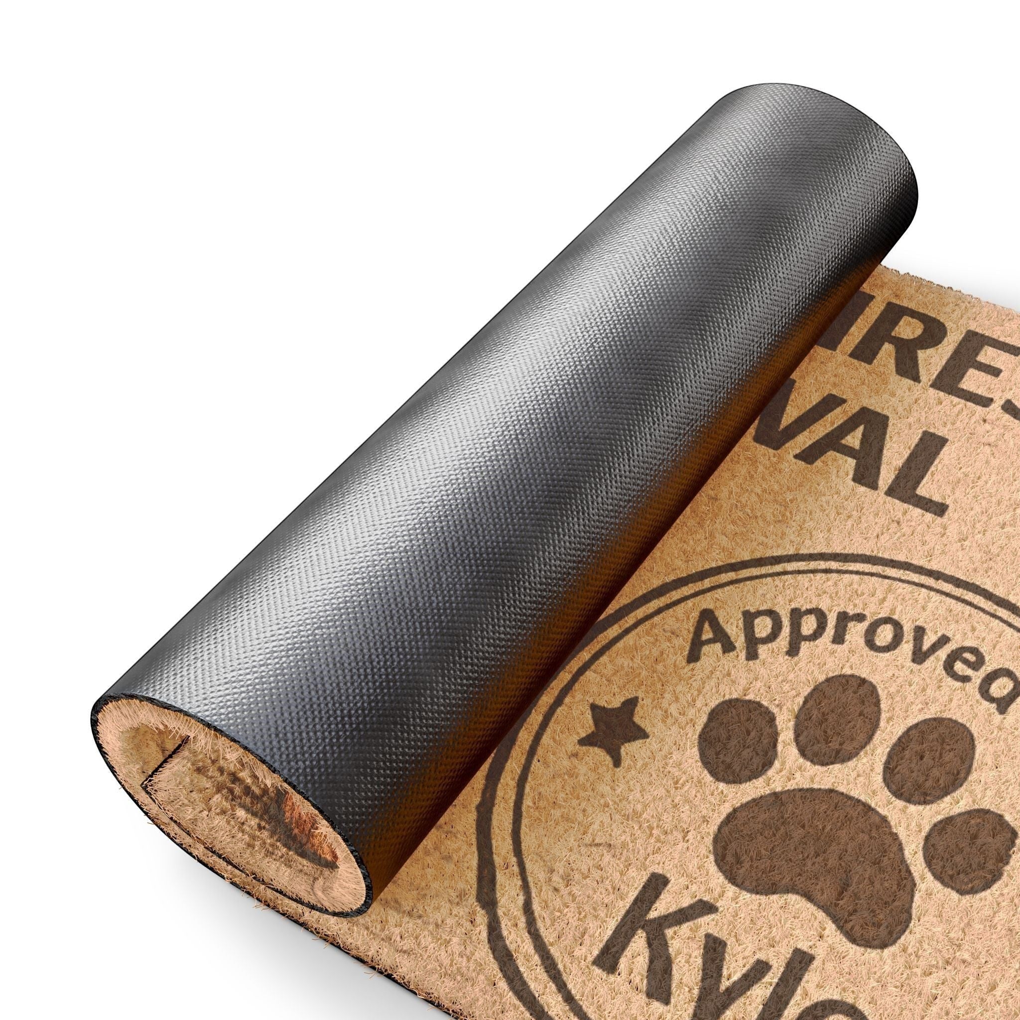 Close-up of “Entry Requires Cat Approval” doormat showing rolled design and non-slip backing for durability and quality.