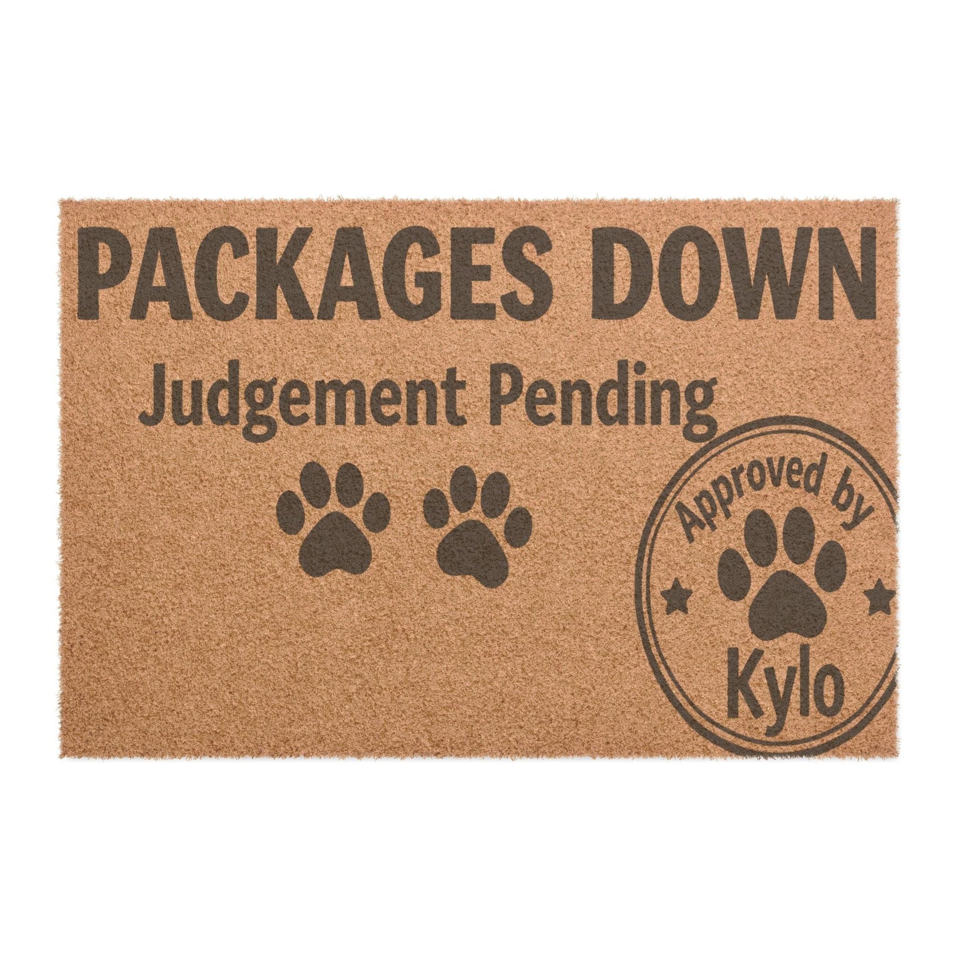 Close up funny cat doormat packages down judgment pending text with paw prints