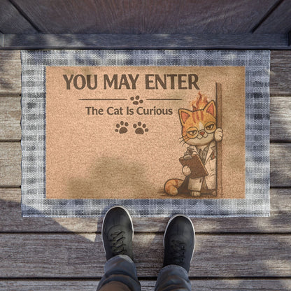 Top view of cat-themed welcome mat with “You May Enter” message, ideal for cozy and playful home entrances.