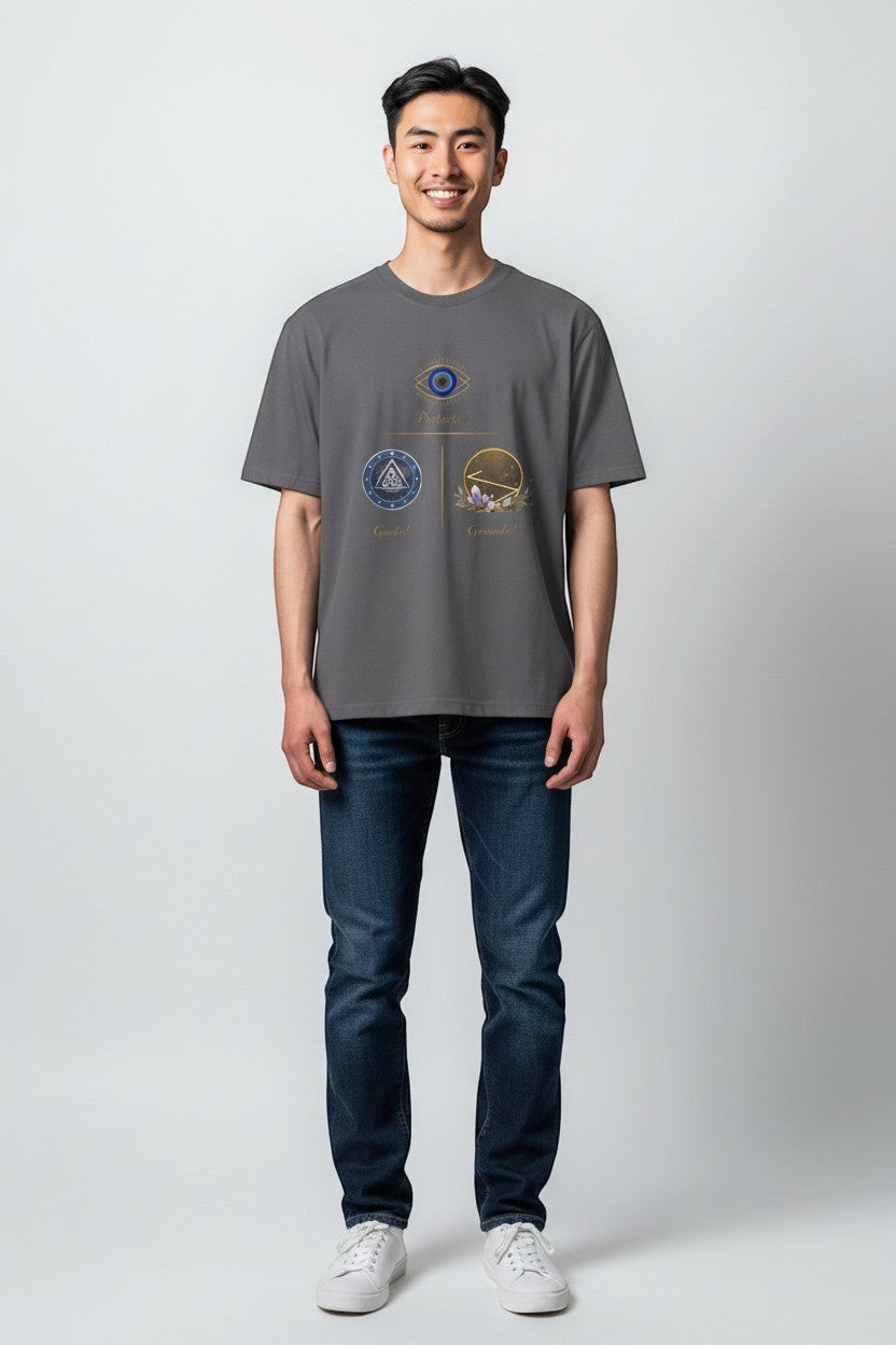 Man wearing charcoal grey t-shirt featuring a symbolic graphic design, clean and modern casual style.
