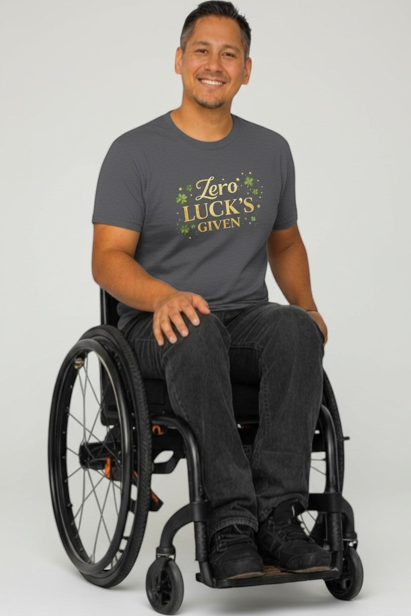Man wearing charcoal “Zero Luck’s Given” t-shirt, a comfortable and relaxed graphic tee for casual style.