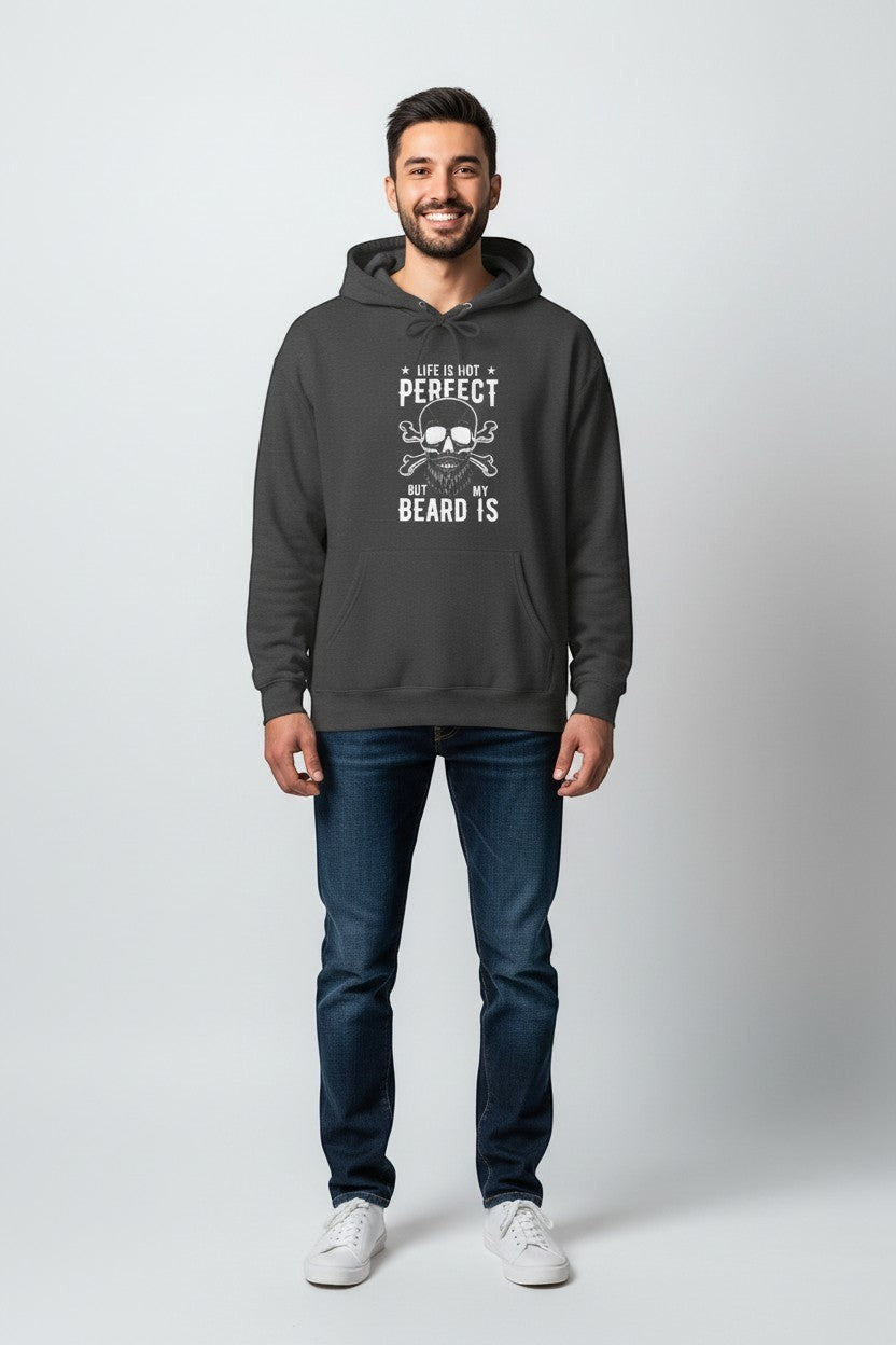Man wearing dark gray funny beard hoodie, a relaxed everyday outfit.