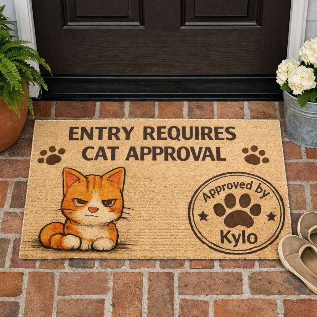 Funny personalized cat doormat with “Entry Requires Cat Approval,” perfect for cat lovers and playful front door entrances.