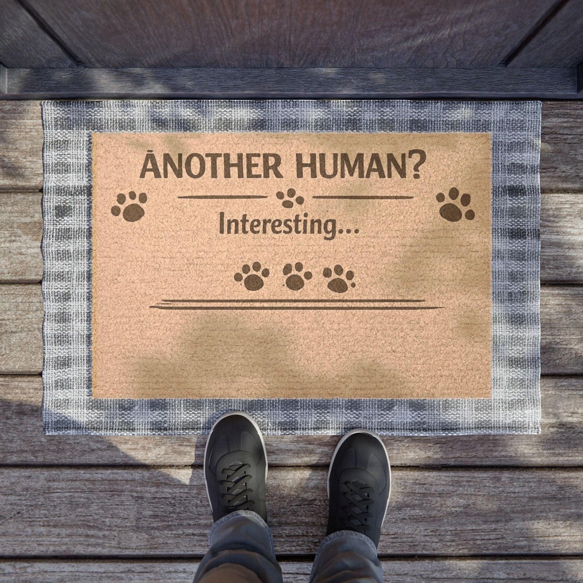 Top view of humorous cat doormat with sarcastic “Another Human?” message, perfect for playful home entrances.