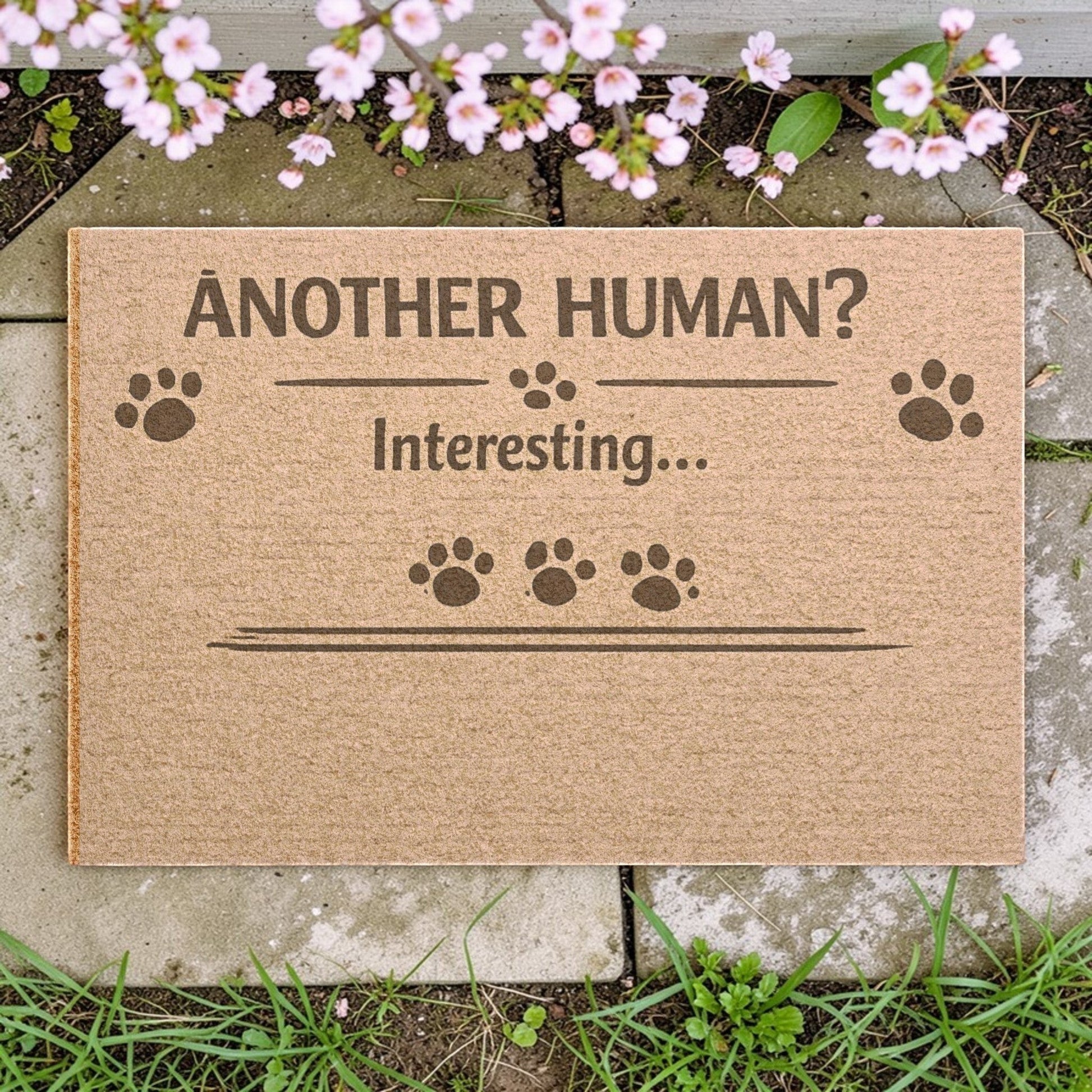 Funny cat doormat with “Another Human? Interesting…” message, perfect for outdoor entryways and cat lovers with a sense of humor.