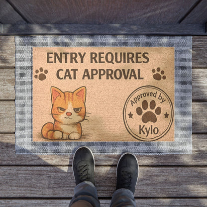 Top view of humorous cat doormat with “Entry Requires Cat Approval,” adding personality and charm to your entryway.