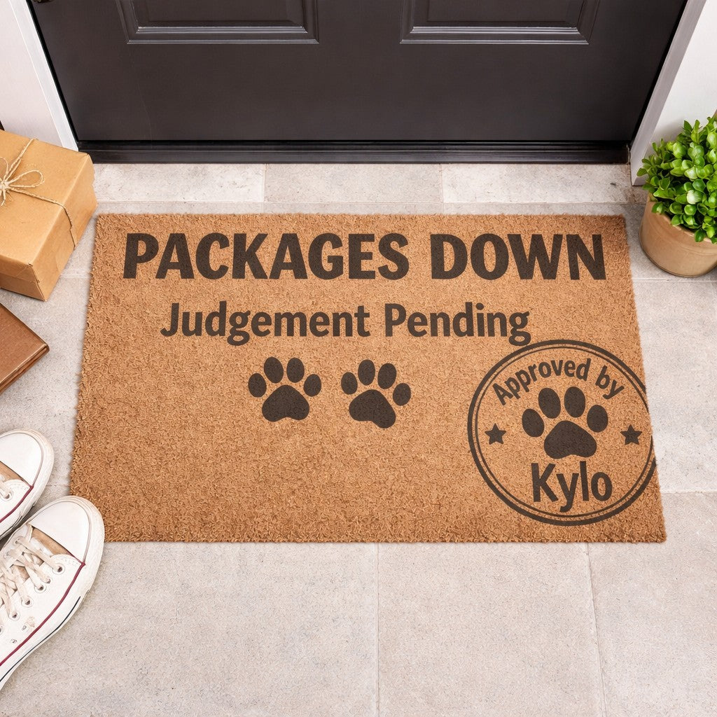 Funny cat doormat packages down judgment pending welcome mat for cat lovers and delivery humor