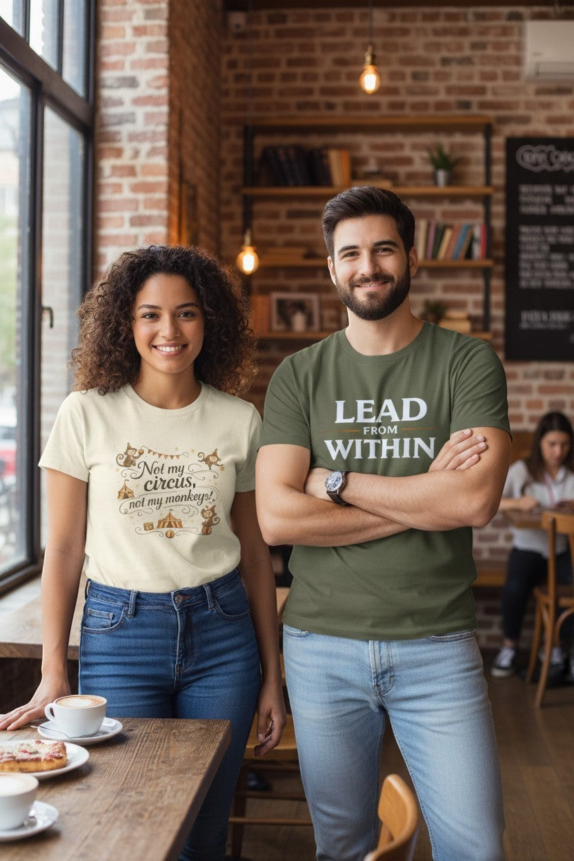 Couple wearing humorous “Not My Circus Not My Monkeys” t-shirts in a café setting, a playful and relatable everyday outfit.