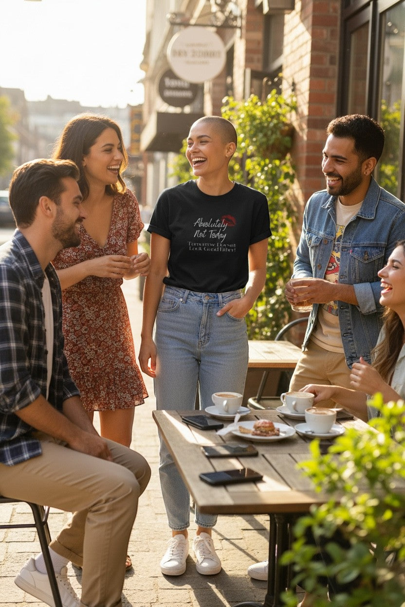 Group of friends at an outdoor café with woman wearing black “Absolutely Not Today” t-shirt, a fun and relatable everyday look.