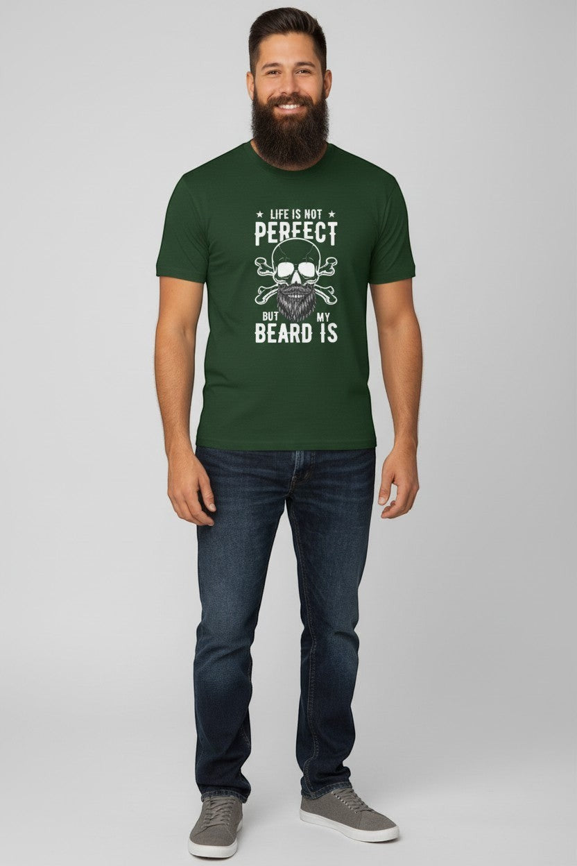 Bearded man wearing forest green beard humor t-shirt, a natural and laid-back look.
