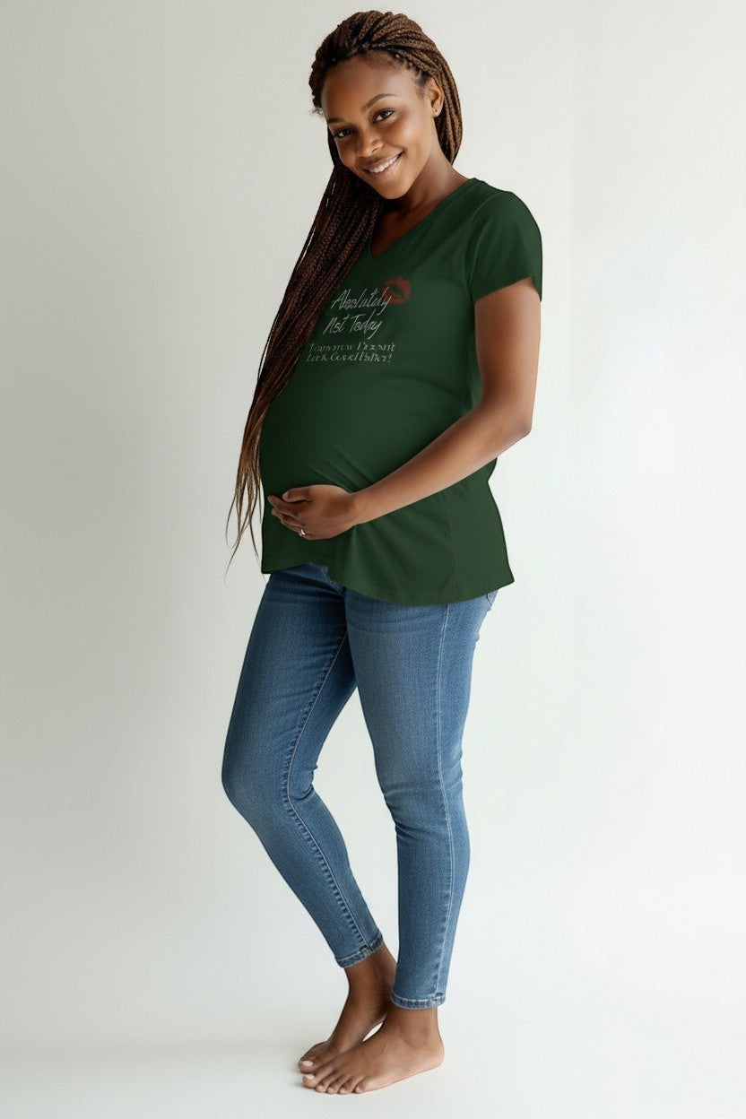 Woman wearing green “Absolutely Not Today” t-shirt, styled casually with a relaxed everyday vibe.