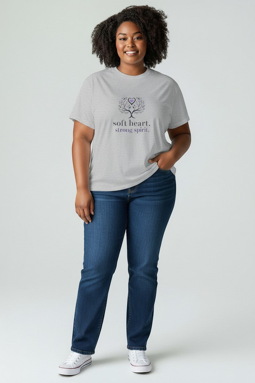 Woman wearing grey “Soft Heart Strong Spirit” t-shirt, a flattering and positive message graphic tee.