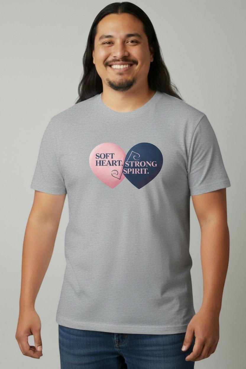 Man wearing grey “Soft Heart Strong Spirit” t-shirt, a versatile and comfortable look.