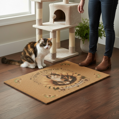 Calico Cat Queen Sunflower Door Mat | “I’m Not a Princess, I Am the Queen of My Own Little World” Coir Doormat