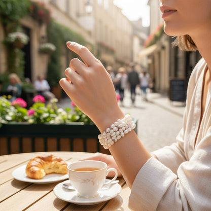 Jena Jewelry 6-strand freshwater pearl bracelet with subtle purple crystal accents, worn by a woman at an outdoor cafe.
