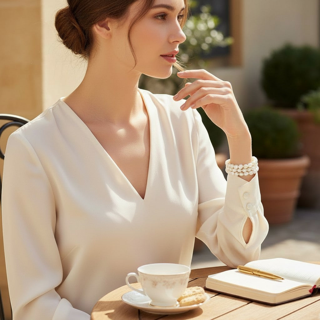Jena Jewelry 6-strand freshwater pearl bracelet with purple crystals, worn by a woman in a cream blouse.