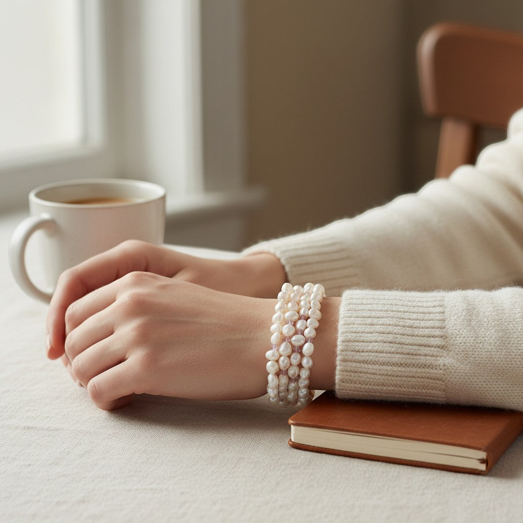 Jena Jewelry 6-strand freshwater pearl bracelet with pink crystals on a woman's wrist, paired with a cream sweater.