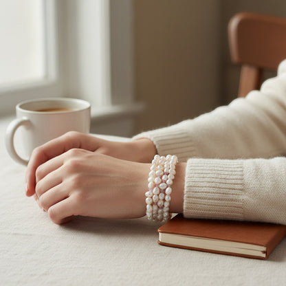 Jena Jewelry 6-strand freshwater pearl bracelet with pink crystals on a woman's wrist, paired with a cream sweater.