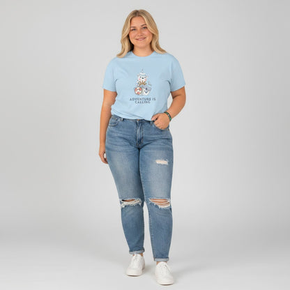 Jena Jewelry light blue 100% cotton t-shirt with a cute sailor bear graphic and the text "Adventure Is Calling".