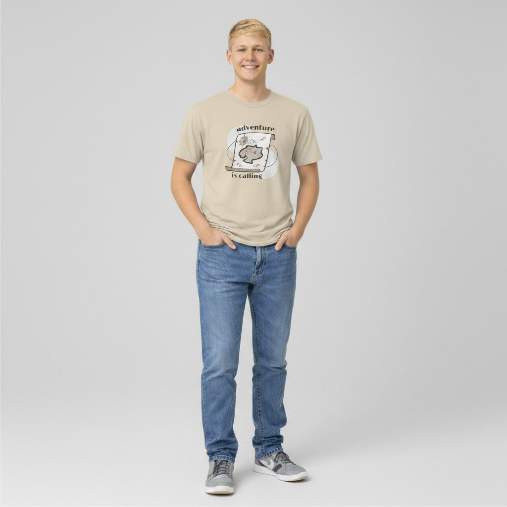 Jena Jewelry beige 100% cotton t-shirt with a vintage treasure map graphic and the text "adventure is calling".