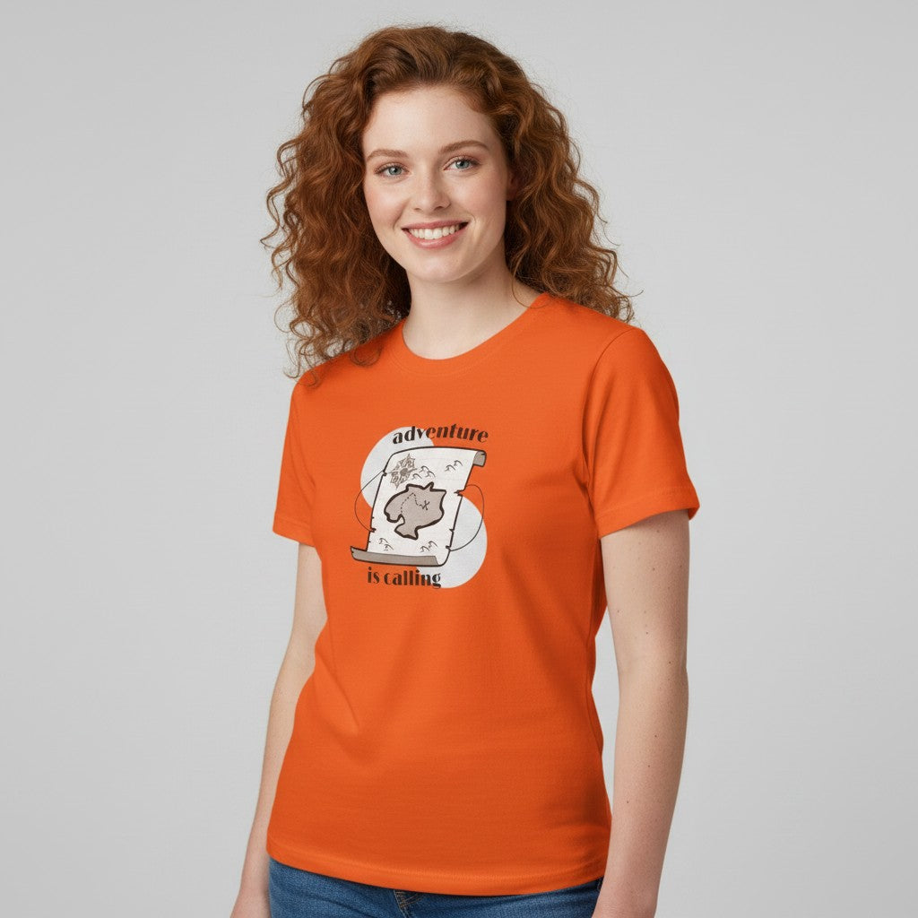 Jena Jewelry orange cotton t-shirt with a vintage treasure map graphic and the text "adventure is calling".
