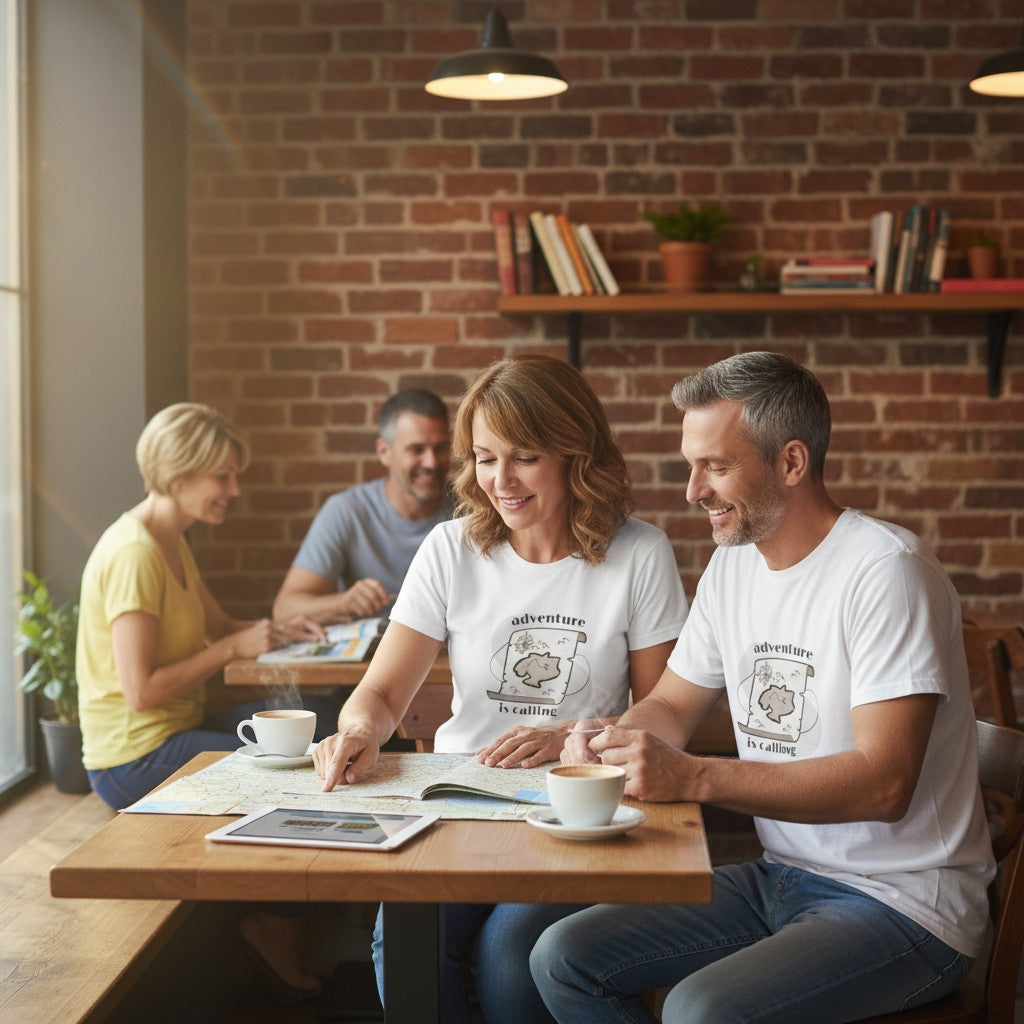 White cotton t-shirt with a vintage treasure map graphic and the text "adventure is calling".