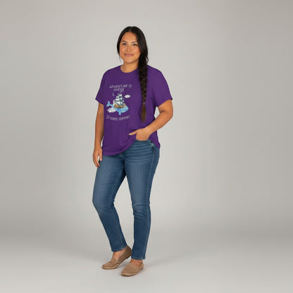 Jena Jewelry purple cotton graphic t-shirt with whale, ship, lighthouse, clouds, and quote "Adventure Is Where Dreams Happen".