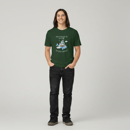 Jena Jewelry dark green cotton t-shirt with watercolor whale, ship, lighthouse, and clouds graphic. Quote: Adventure Is Where Dreams Happen.