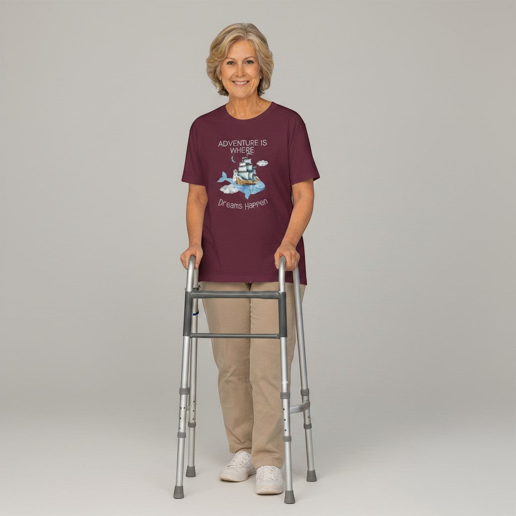 Jena Jewelry maroon cotton graphic tee with whale, ship, lighthouse, and clouds. Features quote "Adventure Is Where Dreams Happen".