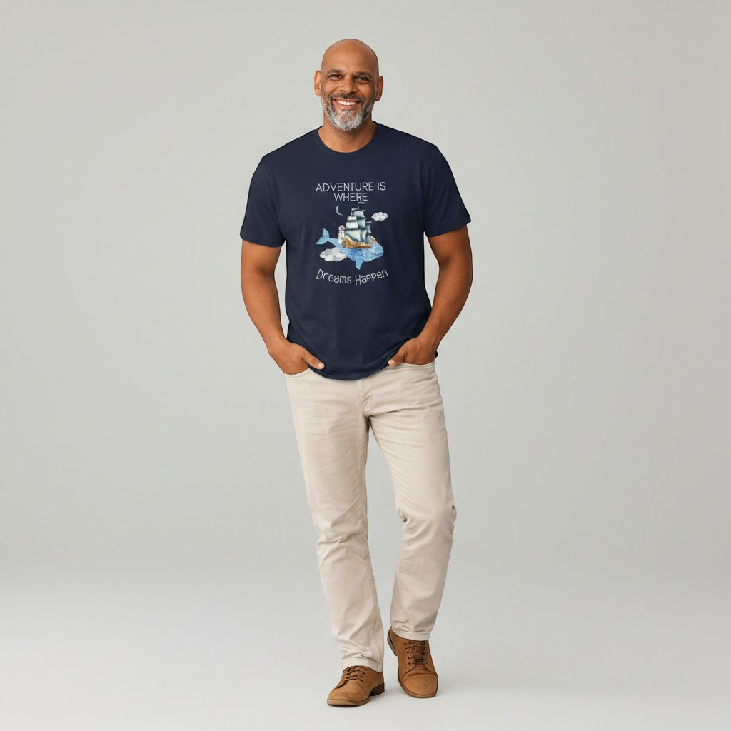 Jena Jewelry navy blue cotton graphic t-shirt with whale, ship, lighthouse, and clouds. Quote: Adventure Is Where Dreams Happen.