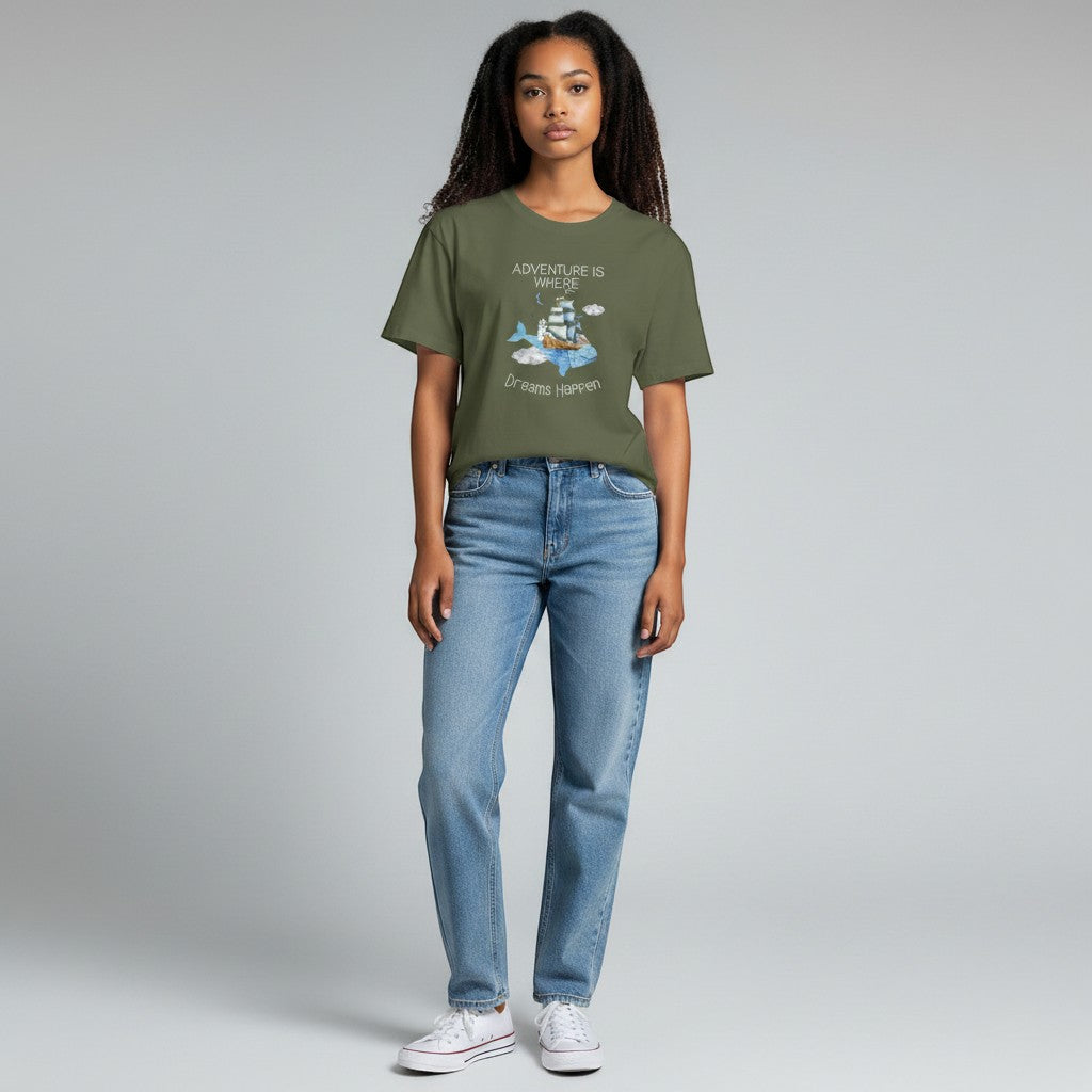 Jena Jewelry olive green cotton t-shirt with "Adventure Is Where Dreams Happen" graphic featuring a whale, ship, and clouds.