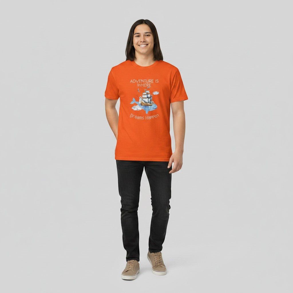 Jena Jewelry orange cotton graphic t-shirt with whale, ship, lighthouse, clouds, and quote "Adventure Is Where Dreams Happen".