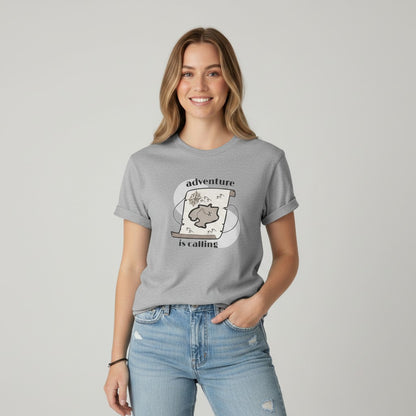 Jena Jewelry grey cotton t-shirt with "Adventure Is Calling" graphic featuring a treasure map and compass.