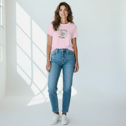 Jena Jewelry pink cotton t-shirt with a vintage treasure map graphic and the text "adventure is calling".