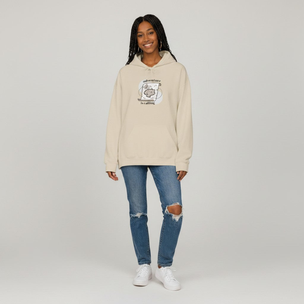 Jena Jewelry beige cotton-poly blend hoodie with a minimalist map graphic and "adventure is calling" text.