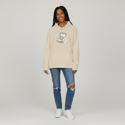 Jena Jewelry beige cotton-poly blend hoodie with a minimalist map graphic and "adventure is calling" text.