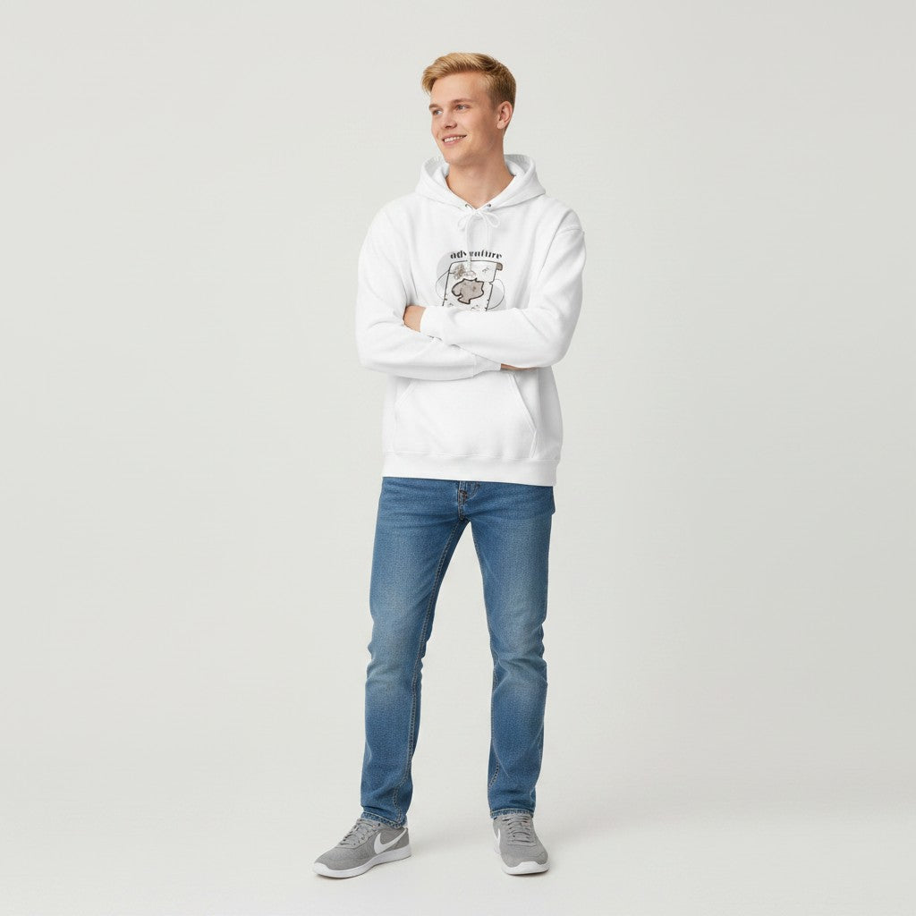 Jena Jewelry white cotton-poly blend hoodie with a minimalist map graphic and the text "adventure is calling".