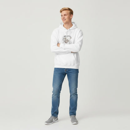 Jena Jewelry white cotton-poly blend hoodie with a minimalist map graphic and the text "adventure is calling".