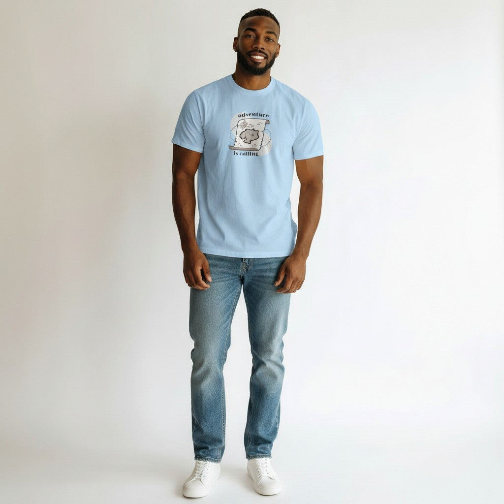 Light blue cotton t-shirt with a vintage treasure map graphic and the text "adventure is calling".