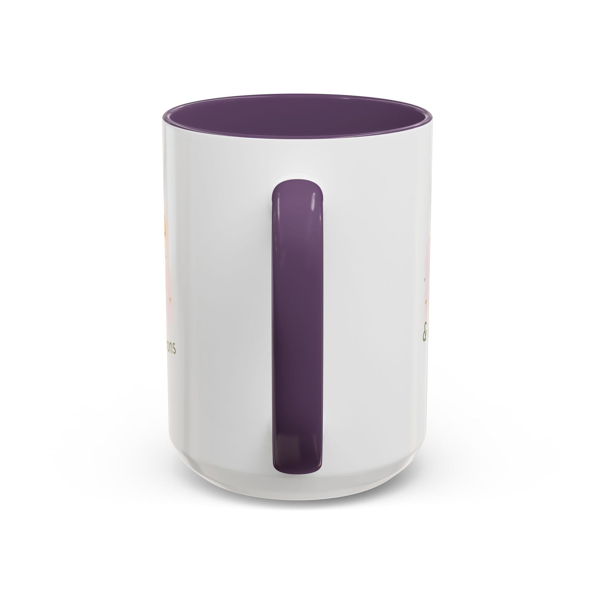 Jena Jewelry white ceramic mug with purple interior and handle, featuring