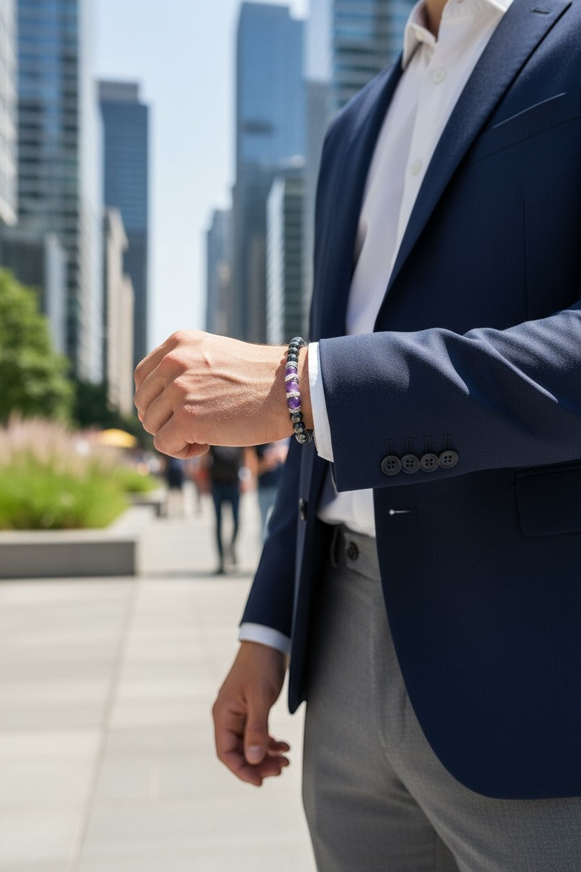 Jena Jewelry amethyst and magnetic hematite beaded stretch bracelet on a man's wrist, styled with a navy blazer.