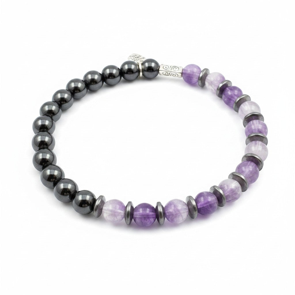 Jena Jewelry handmade stretch bracelet with amethyst, hematite, and black onyx beads for calm, strength, and spiritual shielding.