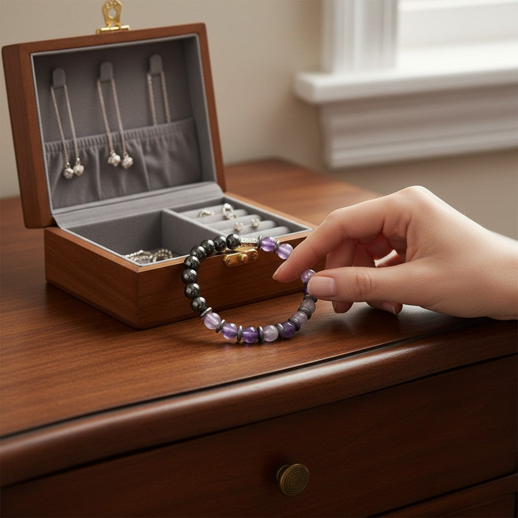 Jena Jewelry handmade stretch bracelet with amethyst, hematite, and black onyx beads for calm, strength, and spiritual shielding.