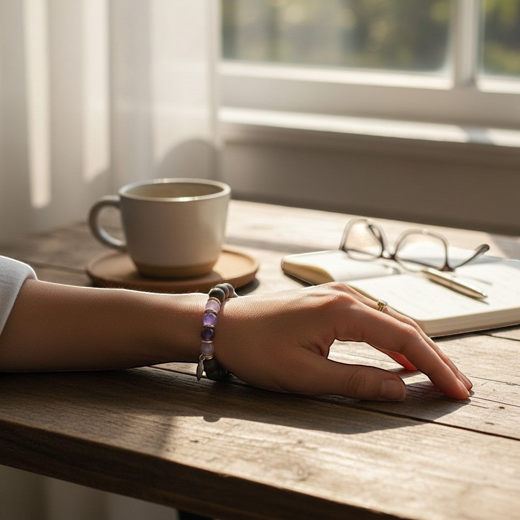 Jena Jewelry amethyst, ebony mala & hematite stretch bracelet on a woman's wrist, promoting intuition, protection & calm.