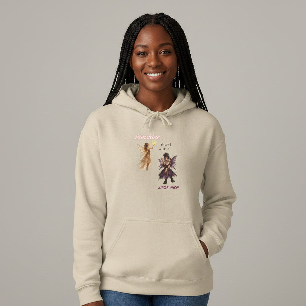 Jena Jewelry cream 50/50 cotton-poly blend hoodie with 'Sunshine Mixed with a Little Wild' angel and demon graphic.