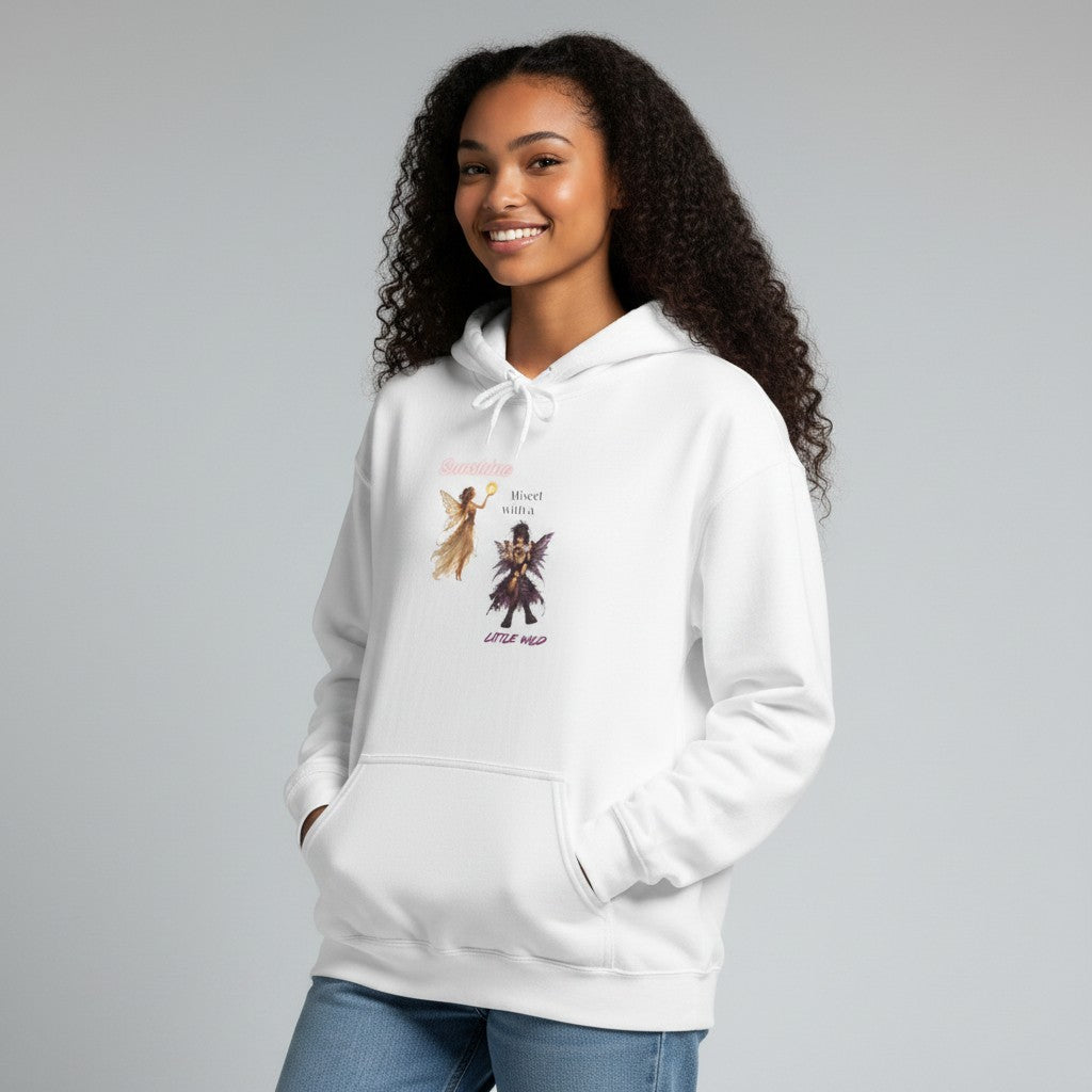 Jena Jewelry white cotton-poly blend hoodie with 'Angel vs Demon Illustration Better Half' graphic on chest. Features a kangaroo pocket.