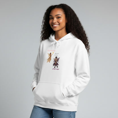 Jena Jewelry white cotton-poly blend hoodie with 'Angel vs Demon Illustration Better Half' graphic on chest. Features a kangaroo pocket.